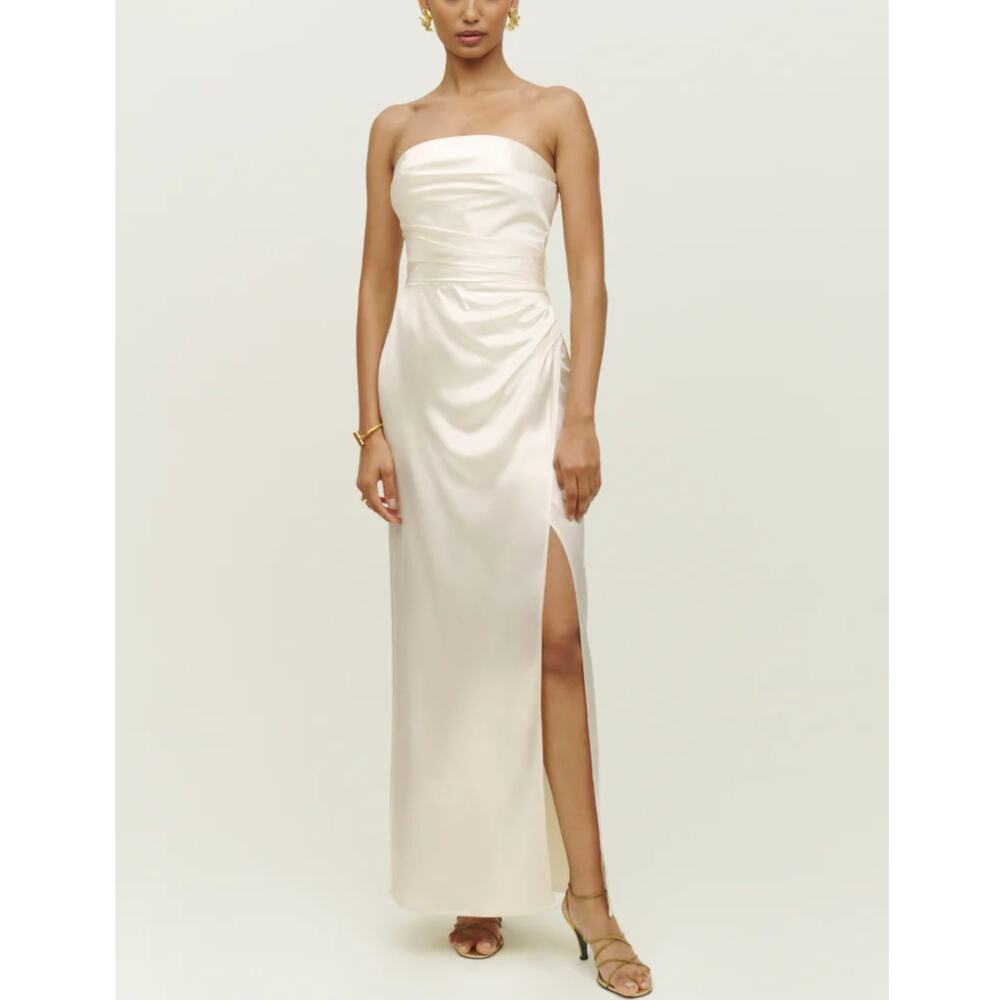Reformation Ivory Strapless Barrow Silk Dress 8 NEW Satin High Slit Maxi Wedding